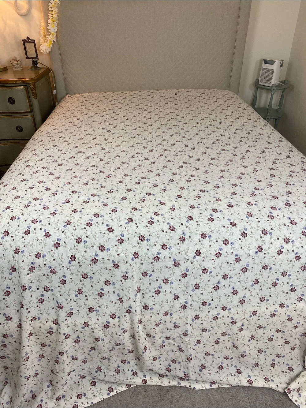 Ivory Floral Cotton Flat Sheet with Burgundy & Blue Blooms 70s Cottagecore